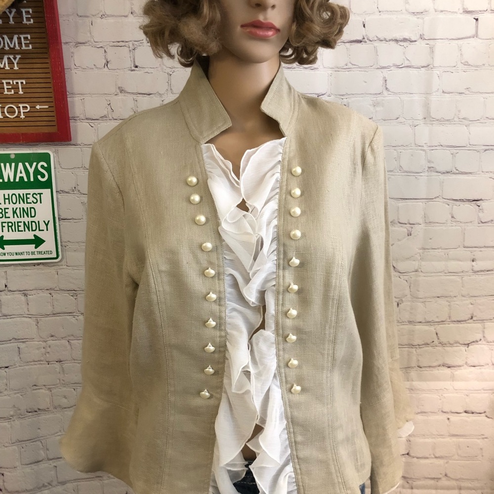 INSIGHT TAN LINEN WITH WHITE RUFFLED FRONT & ON ARMS  BUTTONS JACKET/TOP size 8 - Picture 13 of 15